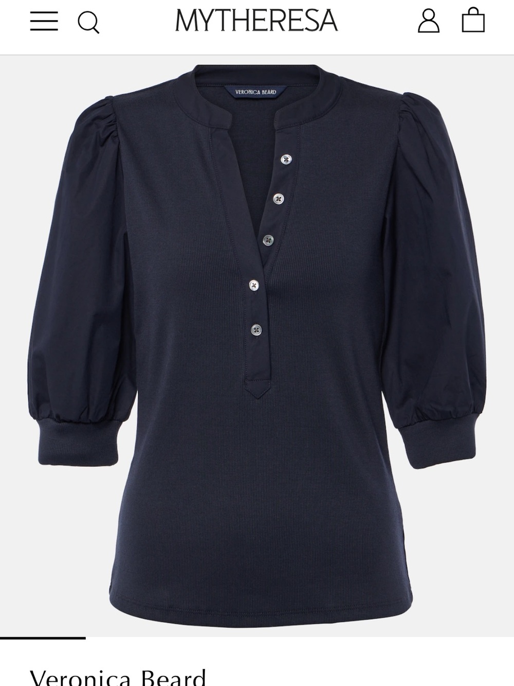 Veronica Beard Navy Puff-Sleeve Henley Tee